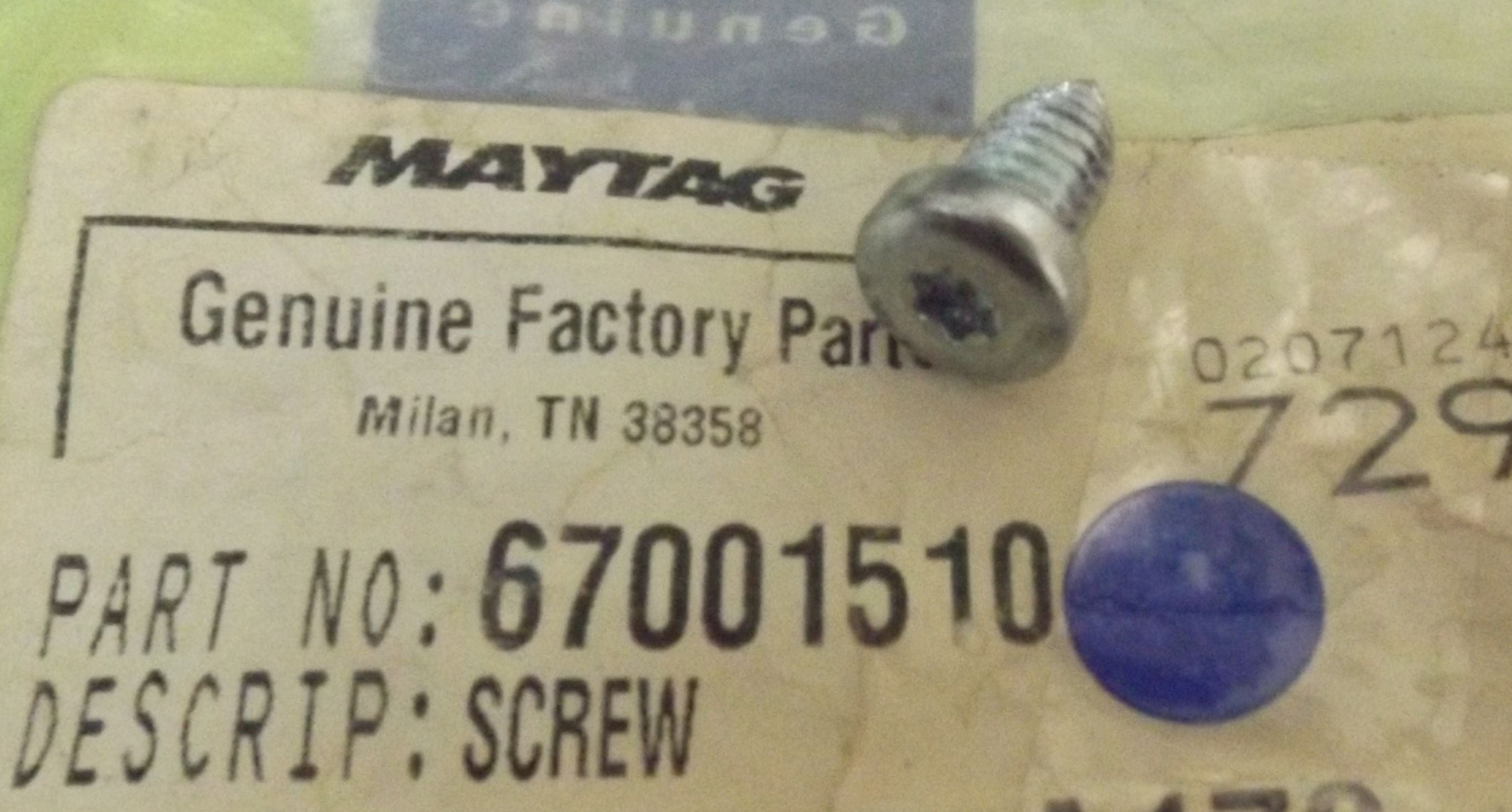 WHIRLPOOL REFRIGERATOR 67001510 SCREW (NEW) WHIRLPOOL REFRIGERATOR 67001510 SCREW (NEW)